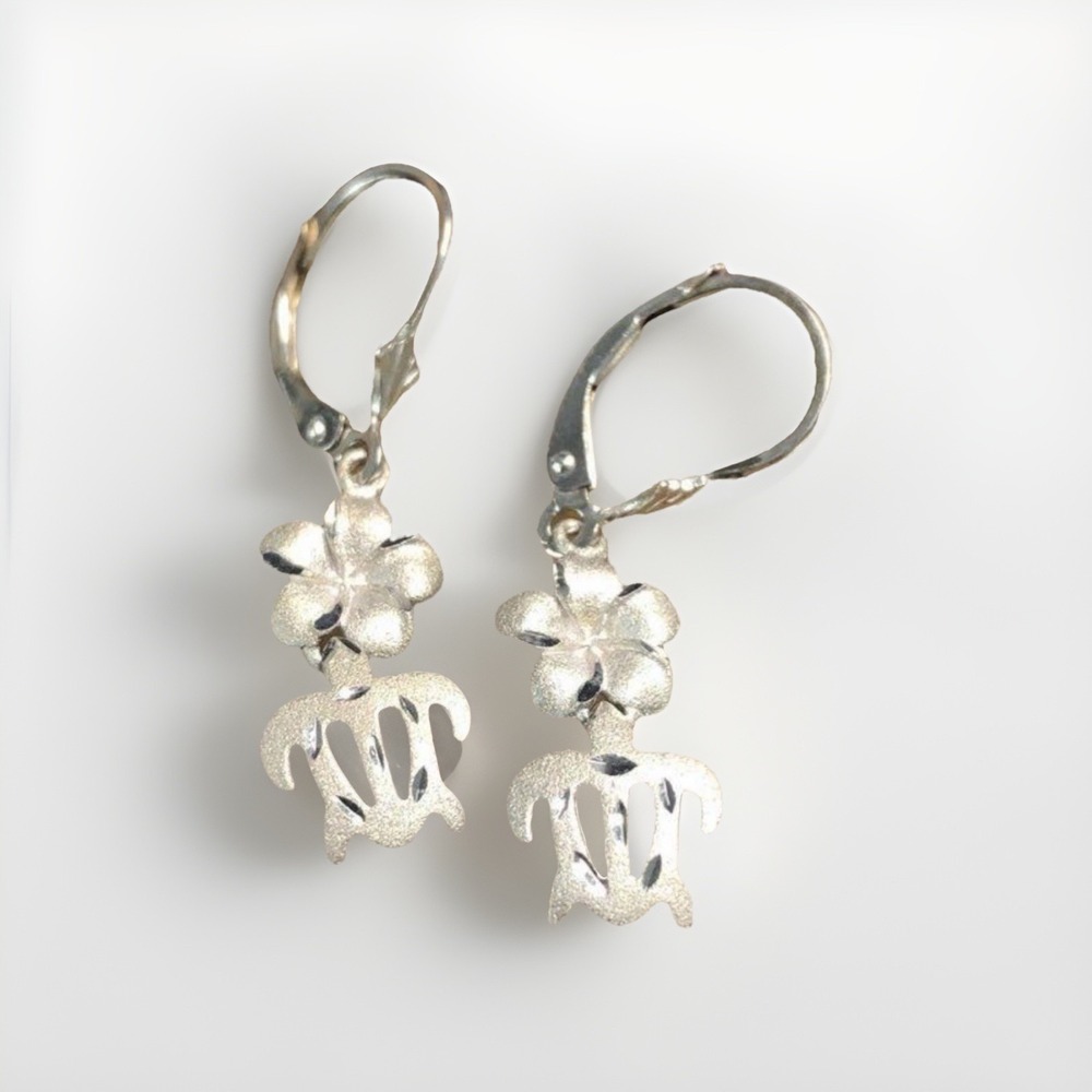 Solid 14k White Gold Dangle Earrings Sea Turtle Tropical Plumeria 2.41g Hawaii